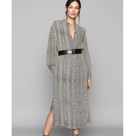 REISS Geometric Print Long Sleeve Midi Shirt Dress Belted V Neck Women Size 2 - Picture 2 of 11